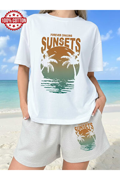 LAVİTTA SUNSET طقم تي شيرت أبيض للجنسين مطبوع مع شورت أسود محبوك من الأسفل