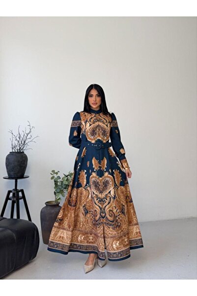 NEW JOURNAL Rochie maxi din țesătură Atlas, albastru-maro, pentru femei, gule...