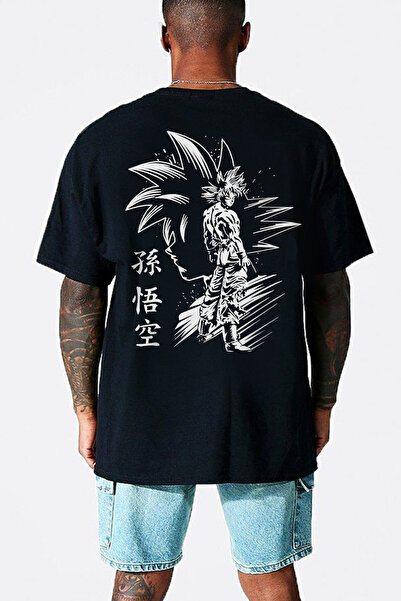 ROCKANDROLL Tricou negru pentru bărbați Goku Silhouette supradimensionat