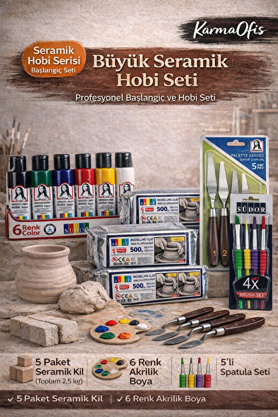 KarmaOfis Seramik Hobi Başlangıç Seti 5x500gr Kil + 6 Renk Akrilik Boya + Spa...