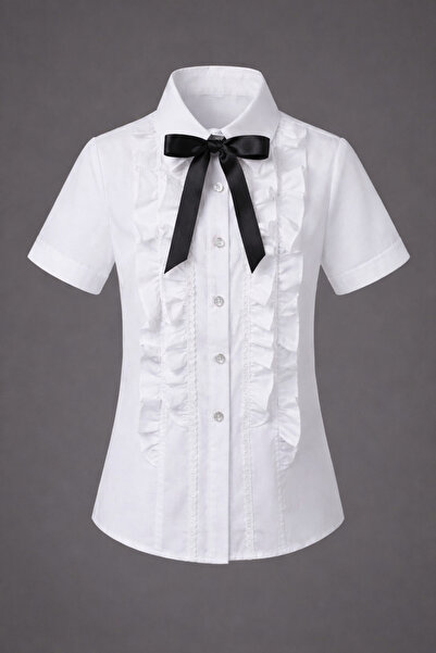 Nacar Kız Çocuk Fırfır Detaylı Papyonlu Gömlek 23 Nisan 29 Ekim Gösteri Kıyafeti