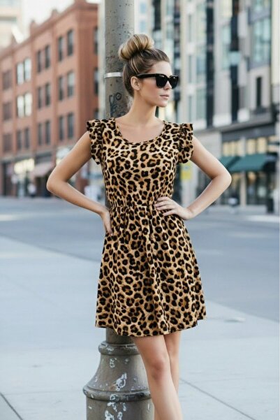 HYEM Ruffle Sleeves Open Collar Leopard Printed Piece Short Flared Sprem Dress