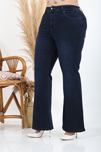 Era Lisa Koyu Lacivert İspanyol Paça Full Likralı Büyük Beden Jeans Pantolon