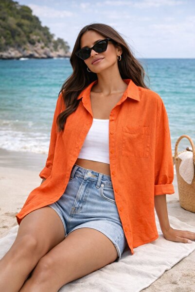 blackbonds Kadın Oversize Turuncu Keten Gömlek – Yaz Koleksiyonu