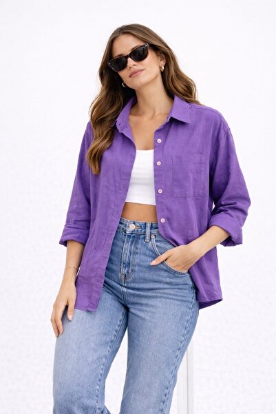 blackbonds Kadın Oversize Mor Keten Gömlek – Yaz Koleksiyonu