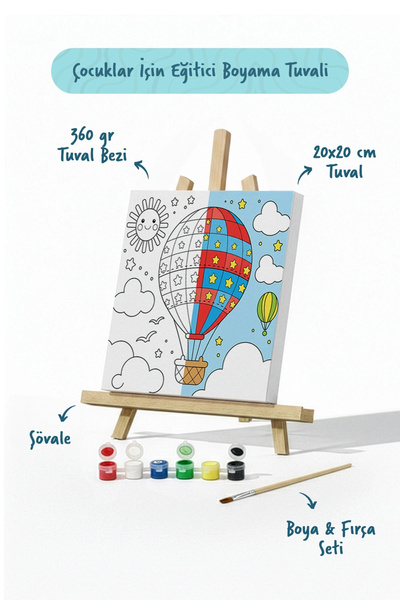 Tabdiko Balon Temalı Çocuk Boyama Tuvali – Şövaleli Eğitici Boyama Seti 20x20 cm