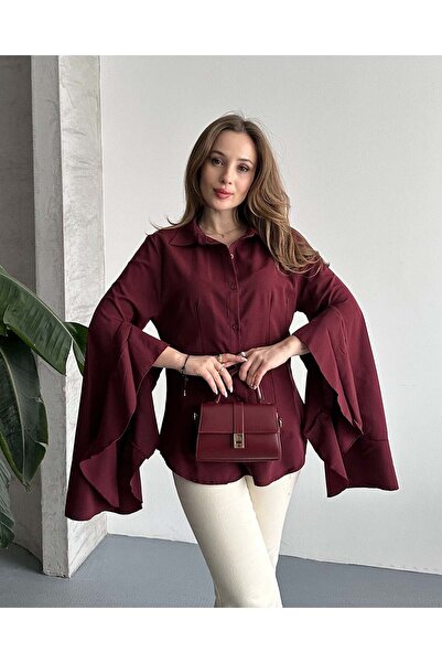 FERZOLAİO Volan Sleeve Burgundy Shirt