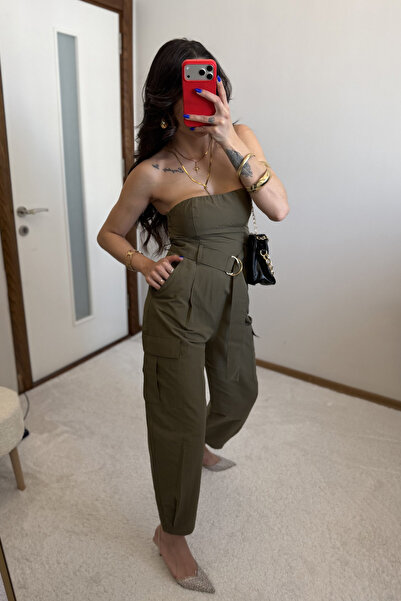 MoyStore Khaki Green Cargo Pocket and Belt Detail Strapless Overalls Zrr