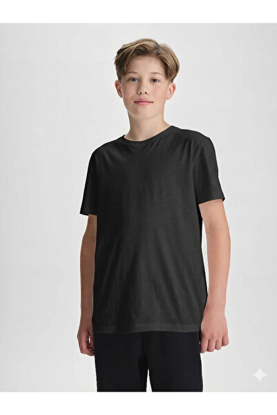 MERİCEY Tricou unisex pentru copii negru guler rotund bumbac 100% basic