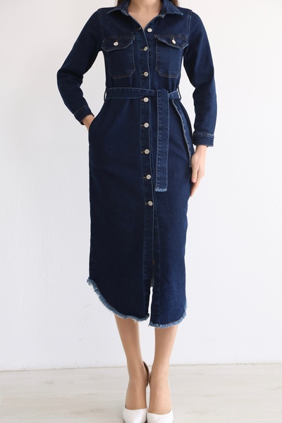 BLUE NATIONAL JEANS Women's Belt Li Denim Shirt Dress Midi Length Buttoned Casual Stylish Denim Dress Bnj-999