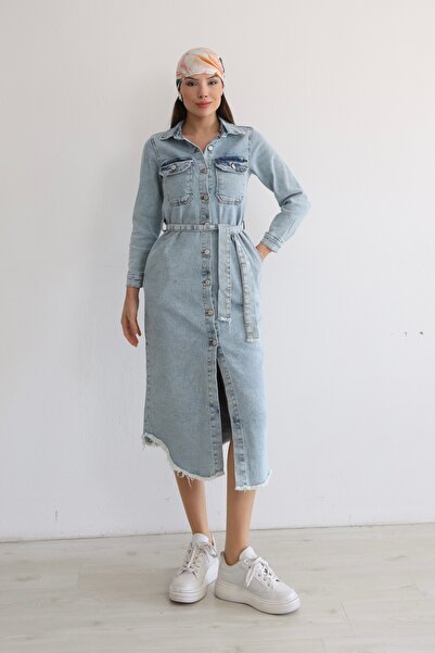 BLUE NATIONAL JEANS Women's Belt Li Denim Shirt Dress Midi Length Buttoned Ca...