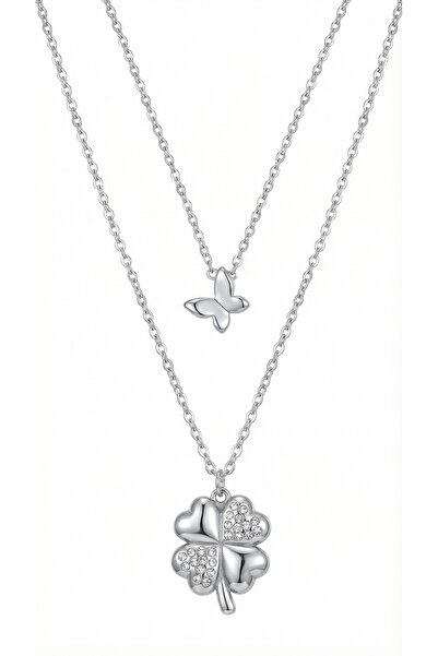 AccessoriesCınCık 316L Kararmaz Çelik Kolye Yonca Kelebek Kolye Çift Zincir P...