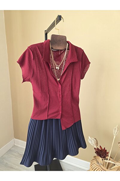 By Ezgi Kılıç Burgundy Shirt Collar Stretchy Knitted Blouse