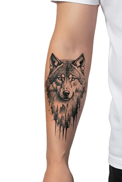 Tattoo Gerçekçi Kurt Ve Orman model geçici kol bacak geçici sticker yapıştırm...
