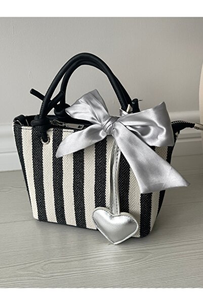 na nura collection Μαύρο Ριγέ Λινό Γυναικείο Γούρι Καρδιάς και Τσάντα ώμου