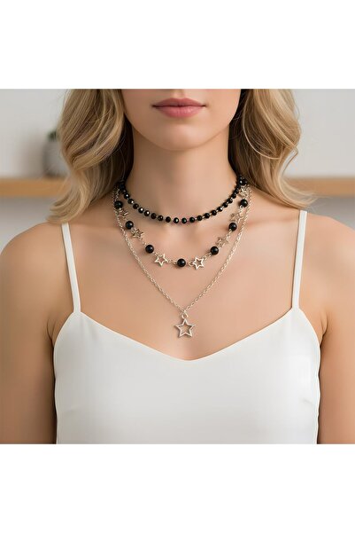 Corvus kolye&bileklik Silver Star Beaded Triple Grunge Necklace