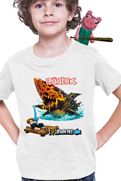 OEM Tricou Copii Baieti Roblox Fish it Dark Shark Sea Monster