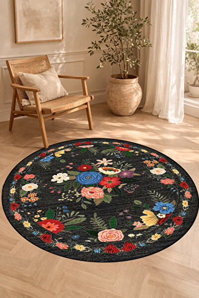 Decomia Home Dijital Kaymaz Yıkanabilir Renkli Vintage Yuvarlak Salon Halısı ...