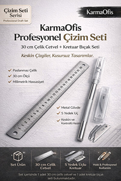 KarmaOfis 30 cm Çelik Cetvel ve Kretuar Bıçak Seti Çizim Seti Mimari Maket Ho...