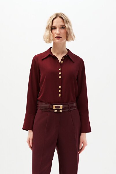 shnwomen Bordo Düğme Detaylı Gömlek