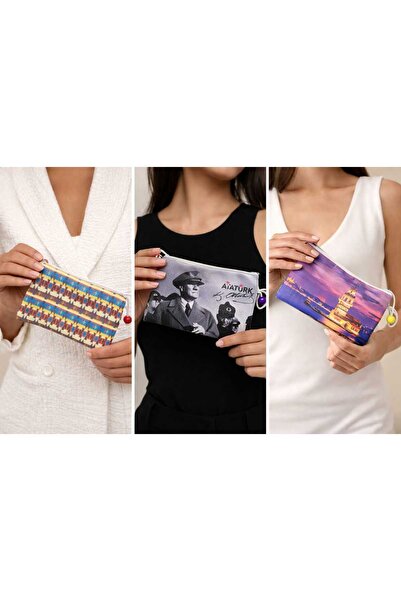 TGD_Designs Atatürk ve İstanbul Baskılı 6'lı Avantaj Makyaj Çantası,Kalemlik ...