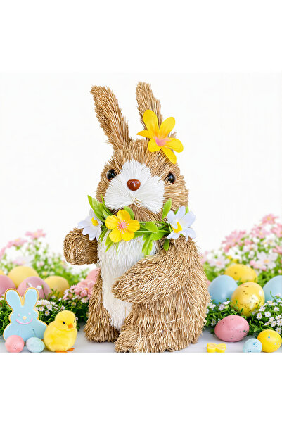 Issa Figurină Decorativă de Paște Iepuraș 26cm, din Poliester și Paie, cu Flo...