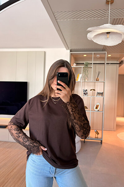 Aventien Lace Detailed Oversized Stylish Brown Modal Blouse