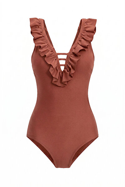 CUPSEA Women's Front Ruffle Swimsuit Cinnamon