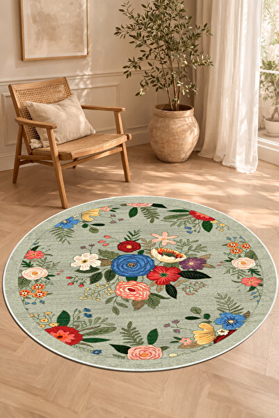 Decomia Home Dijital Kaymaz Yıkanabilir Renkli Vintage Yuvarlak Salon Halısı ...