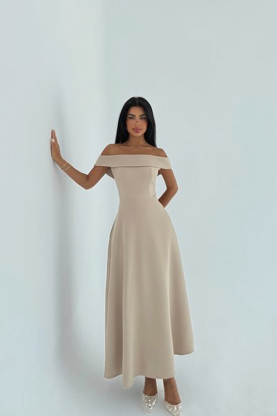 TANISA Rochie lungă cu bretele, material creil dublu, bej, TNS-4423