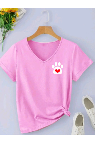 SUNFREE Kalp Paw Printed V-Neck Short Sleeve Regular Tshirt in Cotton Colors