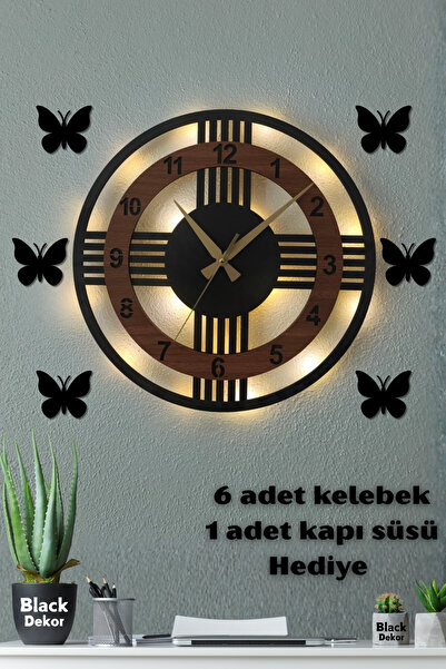 Blackdekor Ceviz Renk Beş Çizgili LED Duvar Saati 40 Cm Modern Dekoratif Salo...