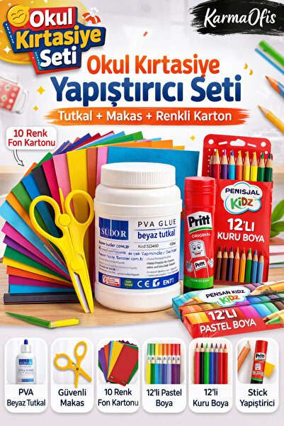 KarmaOfis Okul Kırtasiye Seti Tutkal,Makas,Fon Kartonu,Stick Yapıştırıcı,12'l...