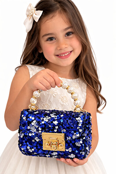 ÇANTA Mavi Pullu Kız Çocukları İçin Düğün,Bayram İçin Omuz ve El Çantası