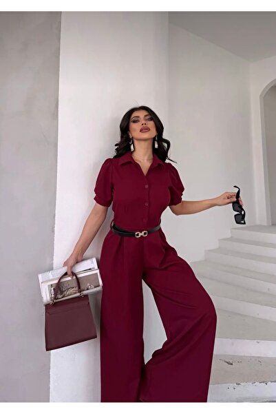 DİĞER1111 Gömlek Yaka Kemerli Geniş Paça Tulum