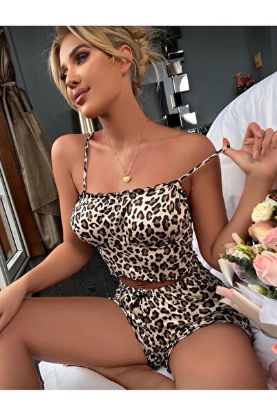NYXELLE LİNGERİE Kadın Leopar Desenli Saten Pijama Takımı Şortlu Crop Üst Takım