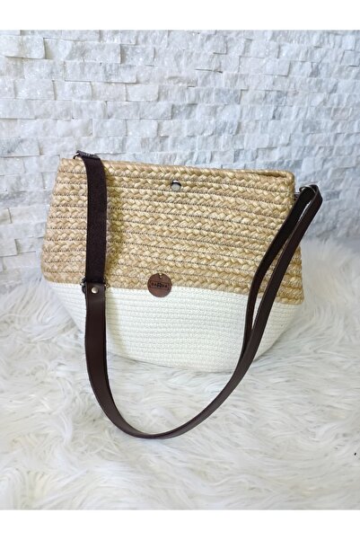 SARDA Women's Straw Bag Shoulder Bag Crisscross Straps Beige Cream Two-Tone D...