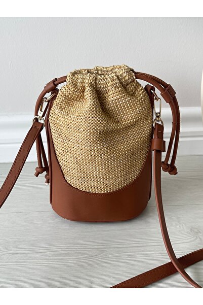 nura Tan Women's Straw Mini Ruched Handbag and Shoulder Bag