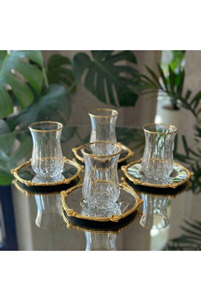 ÇNR Home Collection 12 Parça 6 Kişilik Gold Metal Çerçeveli Çay Seti 6 Bardak...