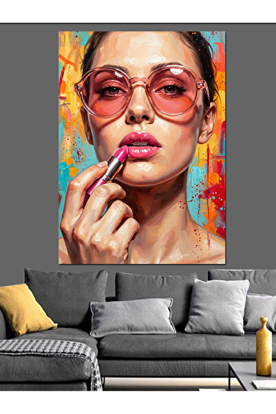 Artmeg Portret elegant de femeie cu ochelari roz, pânză decorativă - masă din...