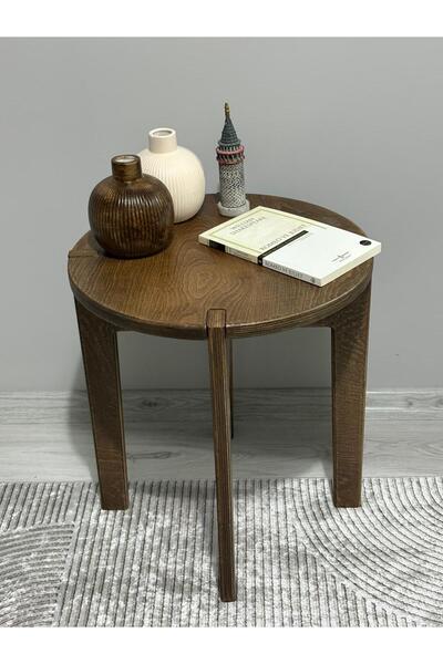 AZM DESİGN Modern Ceviz Rengi Yuvarlak Yan Sehpa 40x45 cm – Dekoratif Ahşap K...