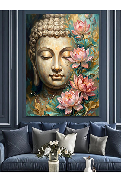 Artmeg Canvas decorativ cu cap de Buddha auriu cu lotus roz - Tablou din lemn...