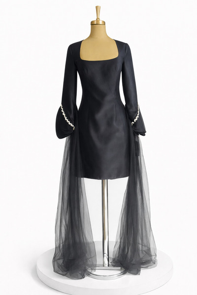 Nazzan KADIN ABİYE TÜL DETAYLI SANDIK YAKA KISA ŞIK DAVET ELBİSESİ