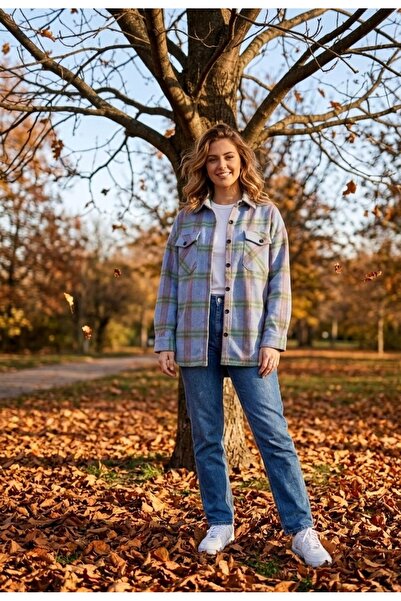 Polologin Butik Women's Blue-Lilac Plaid Patterned Wool Pack of Textured Shir...