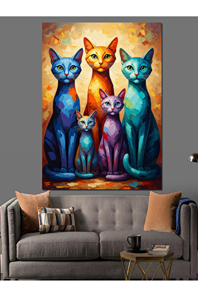 Artmeg Pânză decorativă cu familie de pisici în stil desen animat, multicolor...