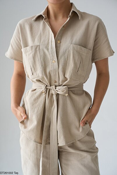 Qu Style Çift Cepli Kuşaklı Alt Ust Keten Takım