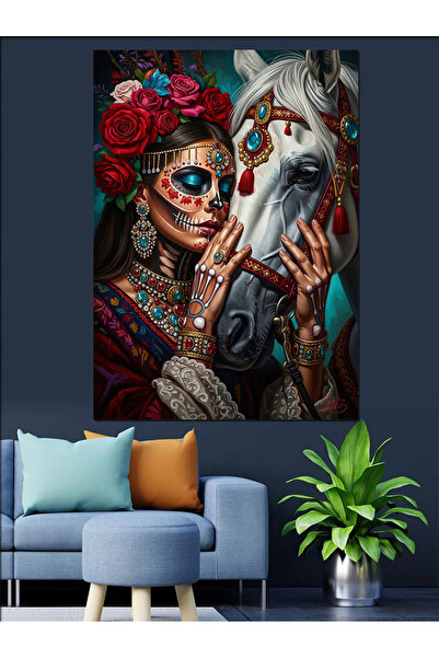 Artmeg Femeie mascată și cal alb pe pânză decorativă - Tablou din lemn MDF