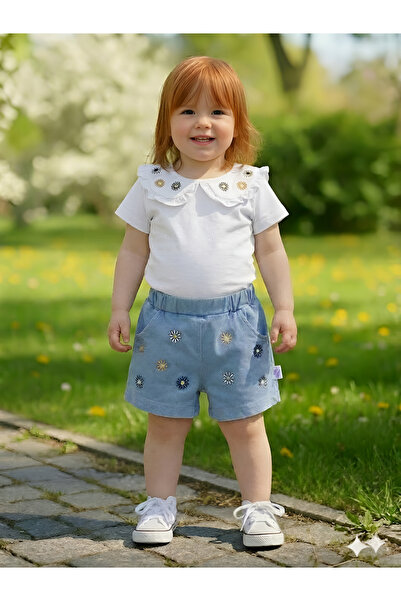 EYMİRGİYİM Daisy Embroidered Cotton Piece Combed Cotton Shorts Set for Baby G...