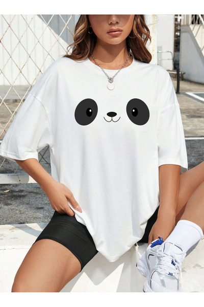 SUNFREE PANDA cu imprimeu supradimensionat guler rotund Tricou alb unisex cu ...