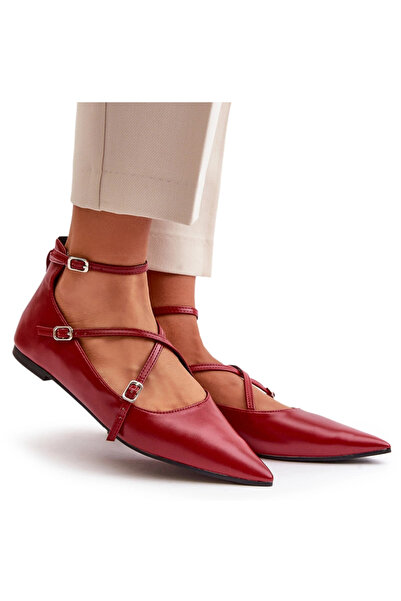 BOTO Balerine de damă cu vârf ascuțit și barete împletite, culoare vișinie, V...